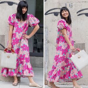 The Odells x Oh Joy Julia Maxi Dress Pink Floral Hibiscus Puff Sleeves Size S